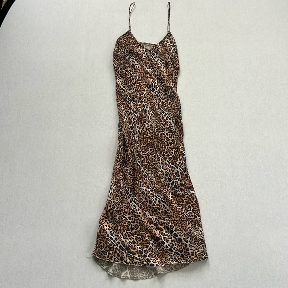 Leopard Cheetah Print Brown Midi Slip Dress Small